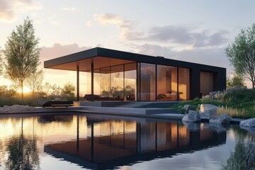 Obraz premium Modern House by Water at Sunset