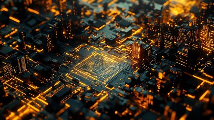 Futuristic Cityscape with Glowing Circuit Patterns