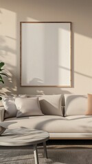 Picture frame mockup in minimalist beige living room with sofa. Modern cozy home decor, natural tones