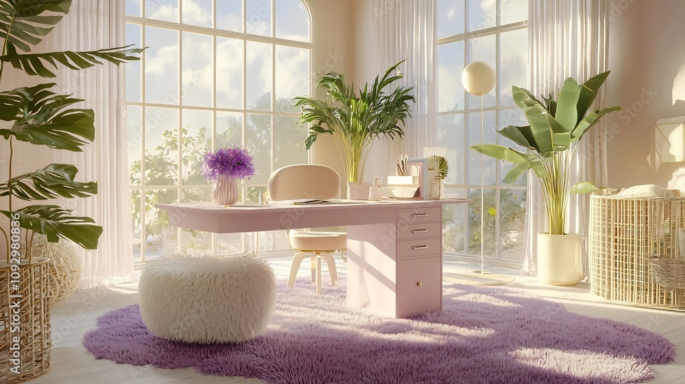 Poster a cozy and dreamy workspace with a lavender colored desk pastel toned decorative elements and a soft