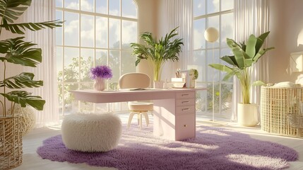 A cozy and dreamy workspace with a lavender colored desk pastel toned decorative elements and a soft plush rug creating a serene and inspiring environment for productivity and creativity