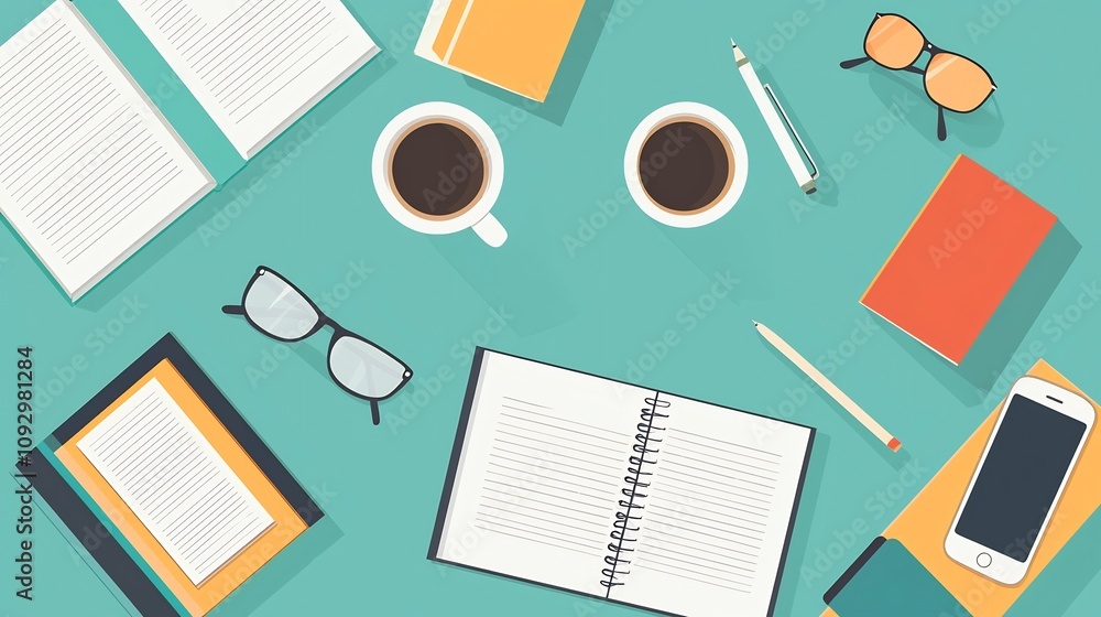 Poster a detailed flat design showing a cozy and organized university student s remote learning setup with 