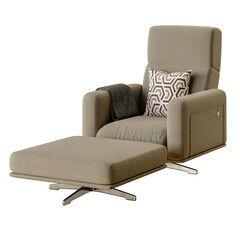 A tan chair with a brown pillow and a tan ottoman