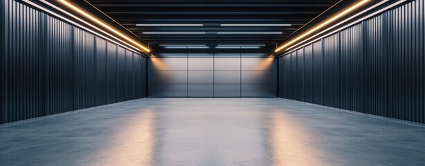 A spacious modern industrial hallway with sleek metallic walls, polished flooring, and dramatic ceiling lighting creating a futuristic atmosphere.