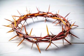 Fototapeta premium Crown of Thorns on a white background symbolizes Christian faith, spiritual reflection, and Easter celebration, embodying minimalist design and sacred ceremonies during Holy Week observances.