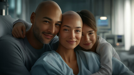 Fototapeta premium Family Embracing Cancer Patient with Love and Support in Hospital Room, Highlighting Emotional Strength and Togetherness in Difficult Times
