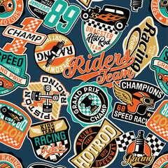 Kids racing team badges patchwork wallpaper vintage vector seamless pattern for children kid sport wear fabric shirt sweatshirt pajamas