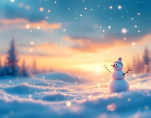Fototapeta premium Cheerful Snowman at Sunset in a Sparkling Winter Wonderland