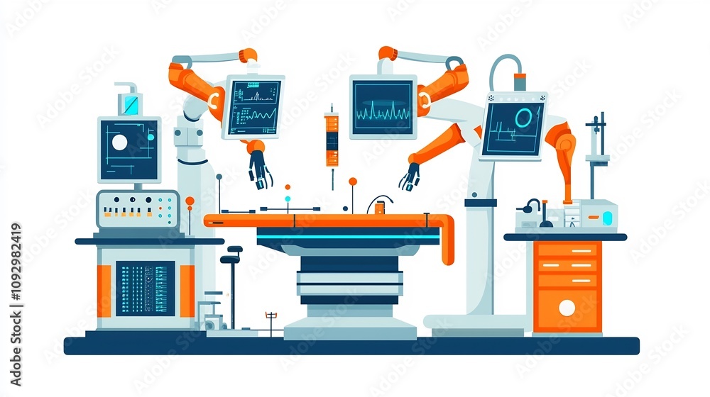 Poster a flat design depicting a futuristic operating room scene with advanced robotic arms and colorful di