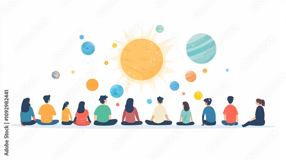 Poster a flat design depicting a group of students gathered around a colorful detailed model of the solar s