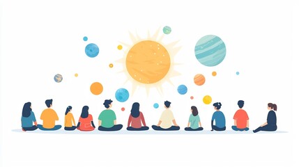 A flat design depicting a group of students gathered around a colorful  detailed model of the solar system  engaged in collaborative learning and of astronomy and the universe