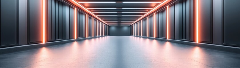 A sleek futuristic hallway featuring vertical neon orange lights and reflective surfaces, creating a modern, high-tech ambiance.