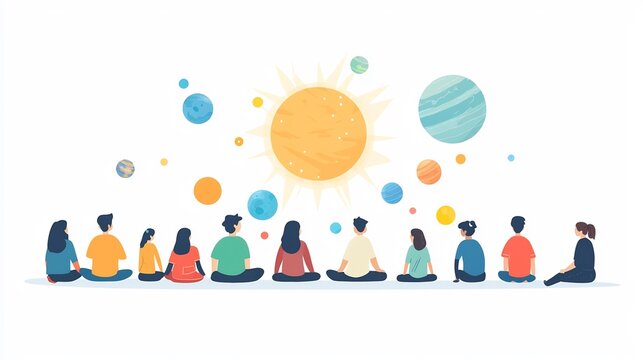 A flat design depicting a group of students gathered around a colorful  detailed model of the solar system  engaged in collaborative learning and of astronomy and the universe