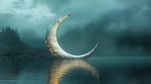 Ethereal crescent moon reflection on calm water amidst foggy forest landscape at twilight