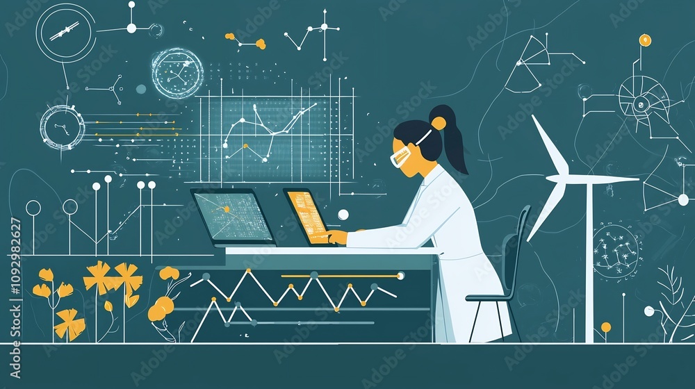 Aufkleber a flat design of a scientist or engineer working on renewable energy data with digital graphs charts