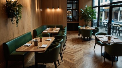 Fototapeta premium Modern restaurant interior with green leather banquettes, wood floors, and natural light.