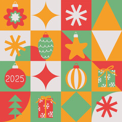 Retro New year 2025 geometric pattern. Christmas background for banner, flyer, label, postcard, sale. Minimal style vector illustration.