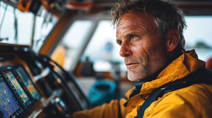 A determined yacht captain focuses intently while using a device to track race competitors on a sunny day amidst ocean waves.