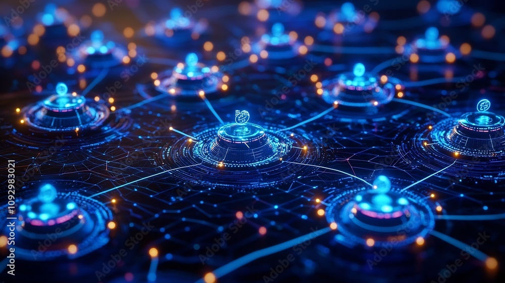 Poster a futuristic server room with a glowing digital blockchain network overlay featuring a complex syste