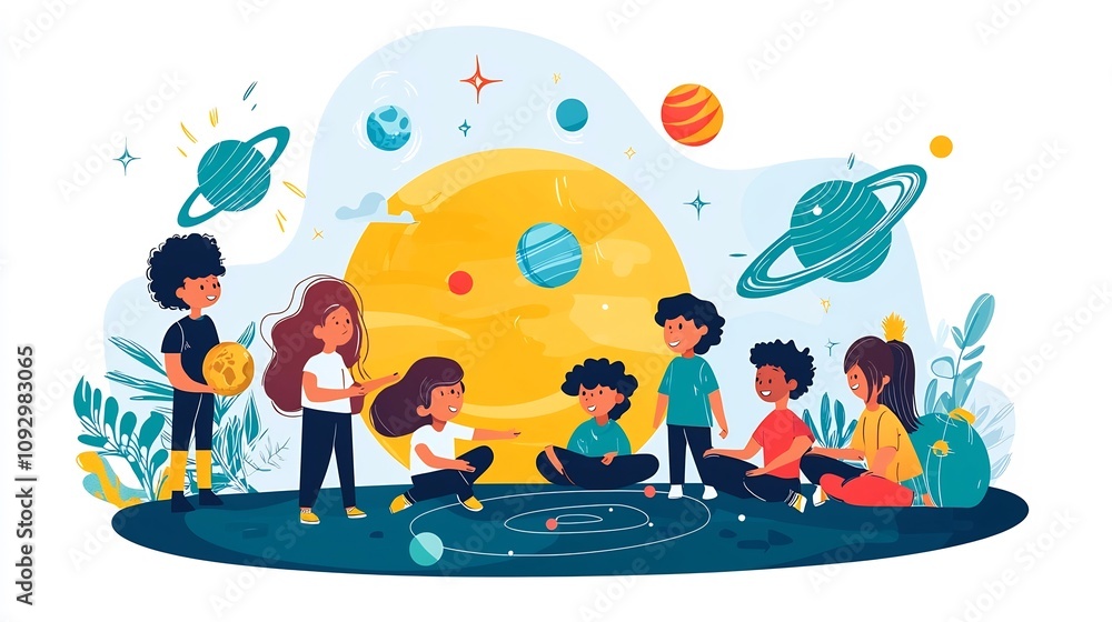 Poster A group of curious students gathered around a vibrant  colorful model of the solar system  engaged in collaborative learning and of the wonders of astronomy  The image depicts a dynamic