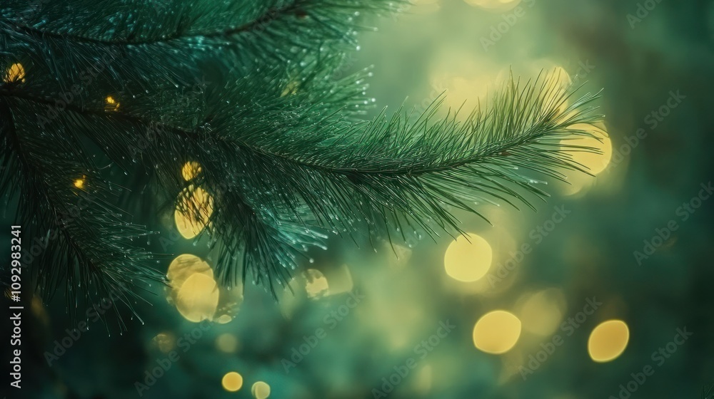 Poster sparkling pine branch with soft bokeh background