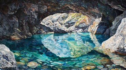 Breathtaking natural beauty inside a large sea cave with light reflecting off the clear blue water and creating mesmerizing patterns on the rocky walls  A serene and captivating geological wonder