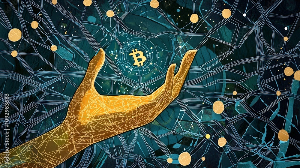 Poster a layered paper cut artwork showcasing a hand holding a shiny bitcoin cryptocurrency symbol against 