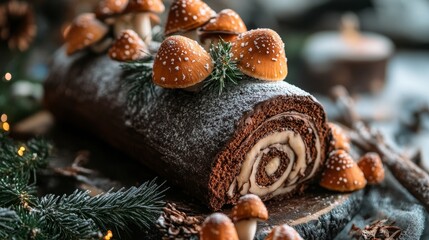 Indulge in a Delicious Chocolate Yule Log Dessert Artfully Decorated with Mushrooms and Pinecones for a Festive Touch