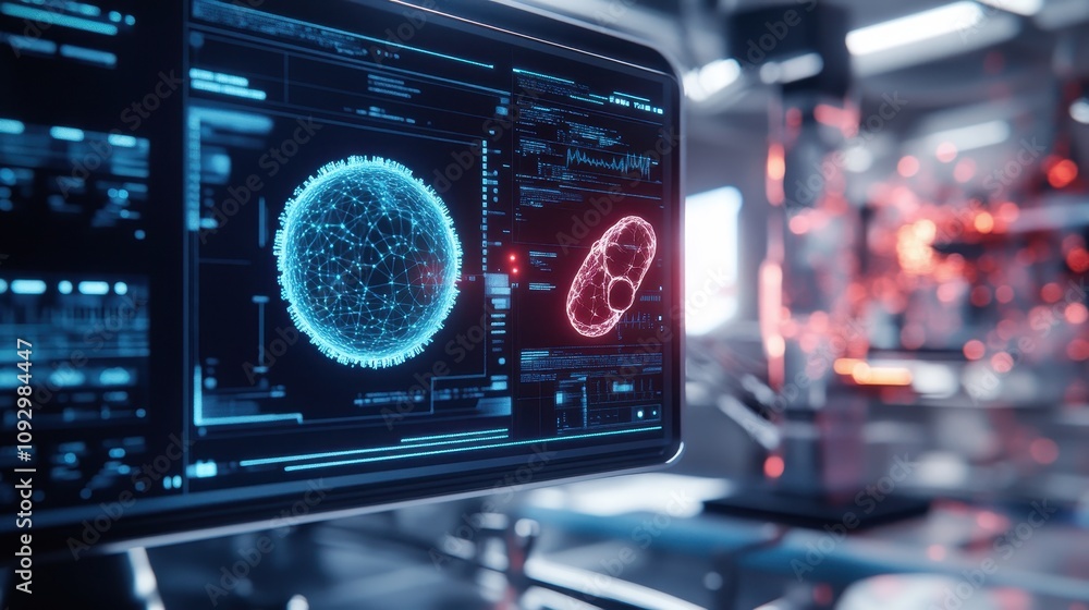 Poster a computer monitor displays a glowing sphere and a red circle
