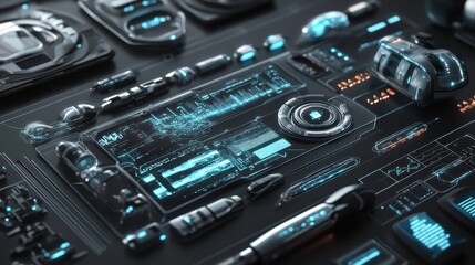 A computer monitor with a lot of buttons and a blue screen