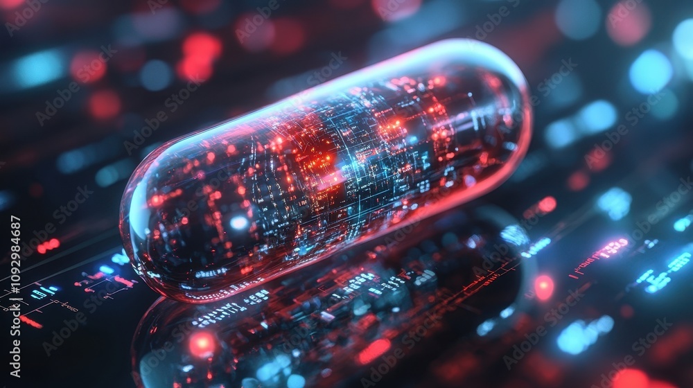 Poster a pill is shown in a digital image with a blue and red background