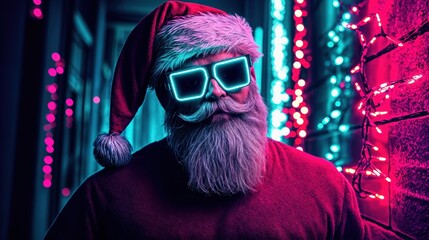 Obraz premium Futuristic Santa Claus in neon sunglasses surrounded by glowing Christmas lights