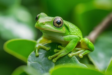 Naklejka premium A vibrant green frog perched on a leaf, symbolizing nature's beauty and tranquility.