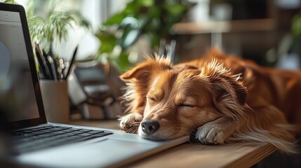 pet friendly workspace ,Cozy Pet-Friendly Office Vibes Dog resting on a desk beside a laptop Workspace Harmony with Pets