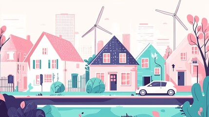 Colorful flat design depicting a smart city with modern energy efficient homes wind turbines and self driving cars showcasing a vision for sustainable and environmentally conscious urban living