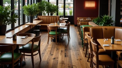 Obraz premium Here's a description and keywords for your stock photo.. Empty modern restaurant interior with wooden tables, chairs, and booths. Natural light streams in through large windows.