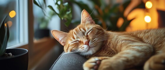 pet friendly workspace ,Cozy Pet-Friendly Office Vibes Sleeping orange cat on a cozy couch, serene scene Workspace Harmony with Pets