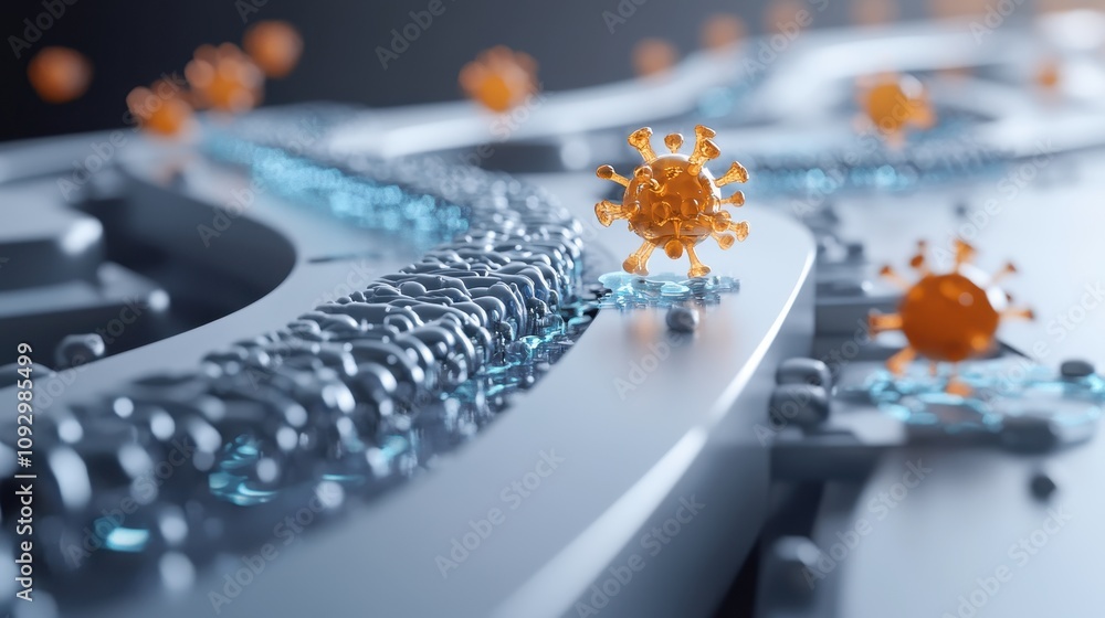 Aufkleber a computer generated image of a virus with a blue and orange background