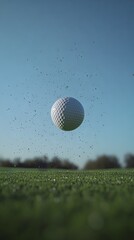 Golf Ball in Flight Over Green Grass Field