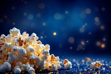 International Cinema Day. A celebration of filmmakers and film lovers around the world. Bright yellow popcorn on a blue background. Postcard or background for movie day. Copy space	
