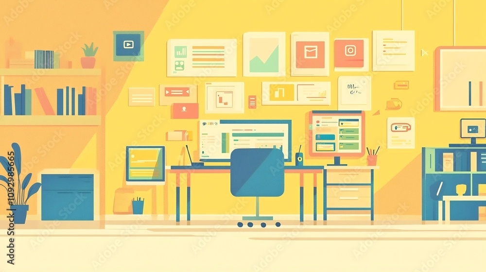 Poster a modern flat design showcasing a comfortable and organized creative workspace filled with computers