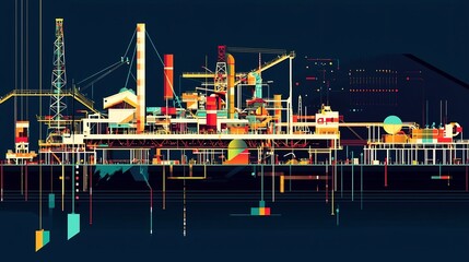 Obraz premium Detailed cross section of a colorful and complex offshore oil rig platform showcasing the intricate network of pipelines drilling equipment