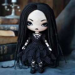 Nice halloween gothic girl witch doll crocheted made of yarn wool beautiful holiday picture...