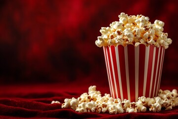 International Cinema Day. A celebration of filmmakers and film lovers around the world. Bright yellow popcorn on a red background. Postcard or background for movie day. Copy space	
