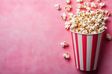 International Cinema Day. A celebration of filmmakers and film lovers around the world. Bright yellow popcorn on a pink background. Postcard or background for movie day. Copy space	
