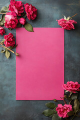 Pink paper with beautiful roses for a romantic aesthetic. A flat lay featuring a sheet of vibrant pink paper, surrounded by various red roses, some fresh and some wilted. 