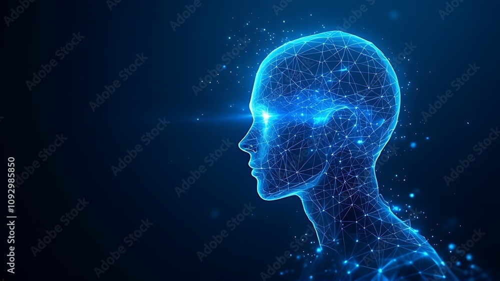 Poster realistic 3d man head polygonal skin. abstract lines, triangles and particle style design.