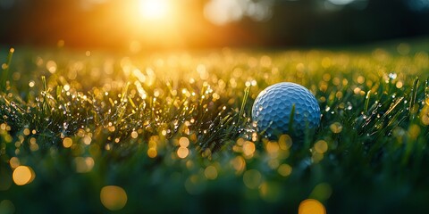 Golf Ball on Dewy Grass at Sunrise