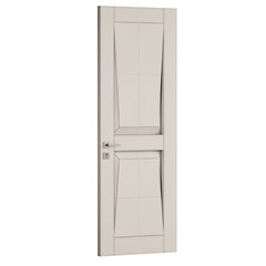 A white door with a silver handle and a silver lock