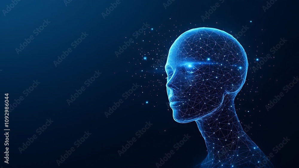 Poster realistic 3d man head polygonal skin. abstract lines, triangles and particle style design.
